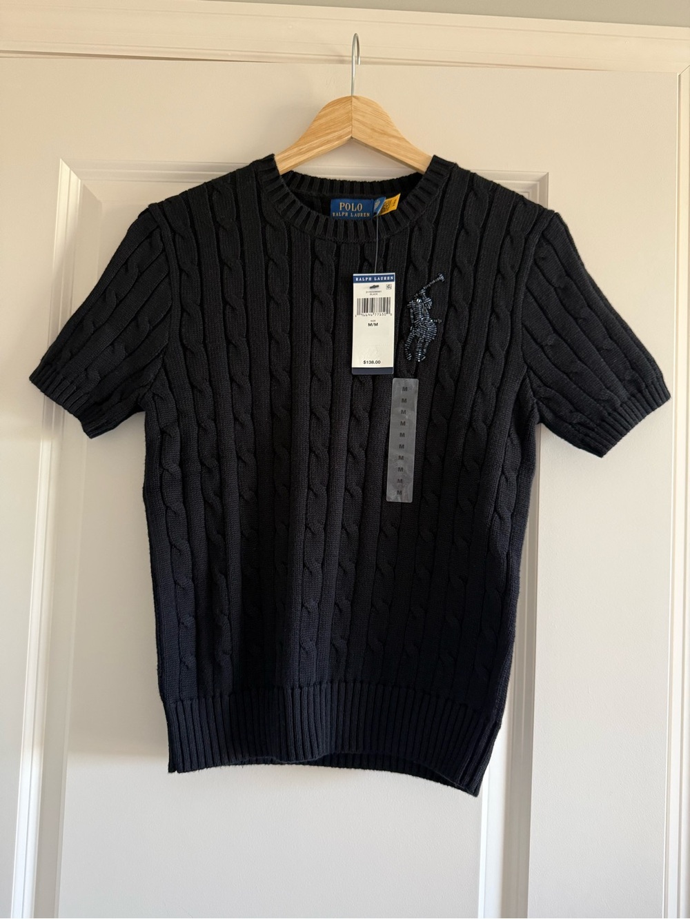 NWT Polo Ralph Lauren Sweater Black Cable Knit Beaded Big Pony Logo M Medium